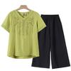 Women's Tencel Linen Embroidered Short-Sleeve T-Shirt & Pants Set - Summer Style for Middle-Aged Moms