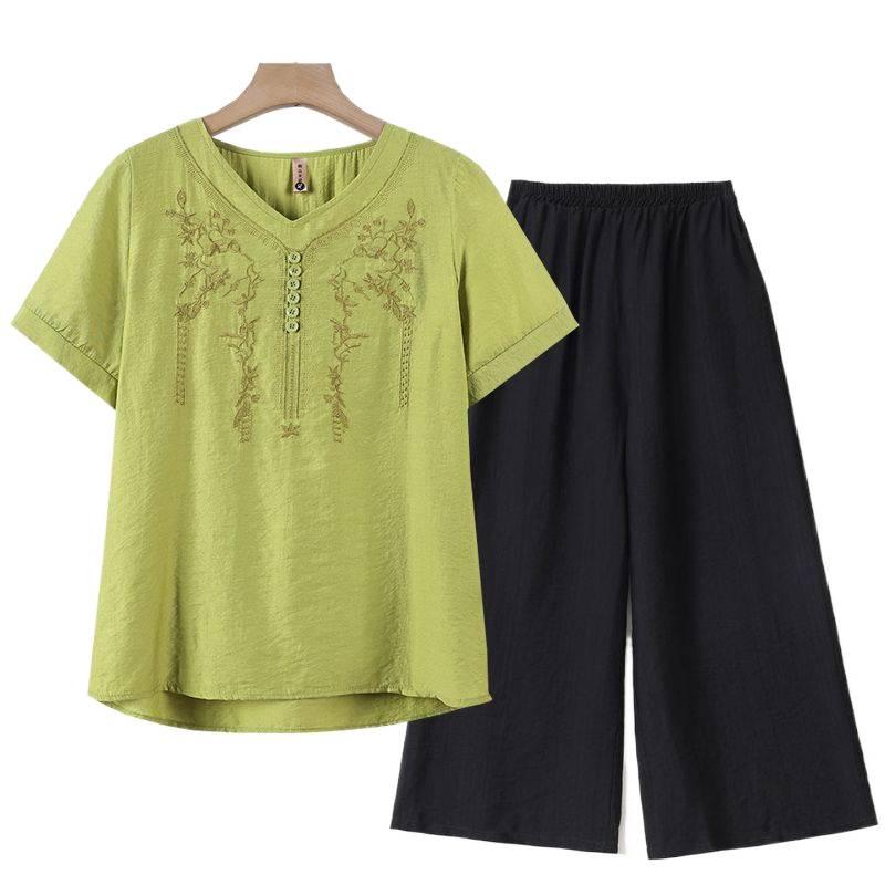 Women's Tencel Linen Embroidered Short-Sleeve T-Shirt & Pants Set - Summer Style for Middle-Aged Moms