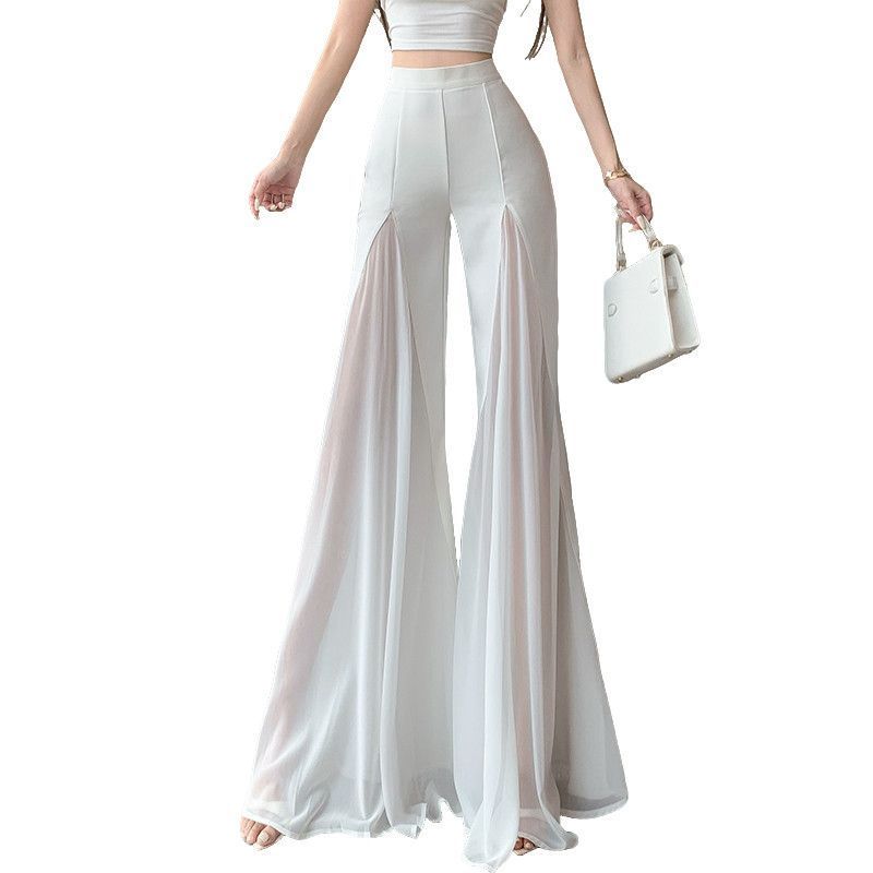 Pantaloni eleganți cu panouri din șifon alb cu picior lat - Talie înaltă, croială slim, pantaloni culottes drapatți