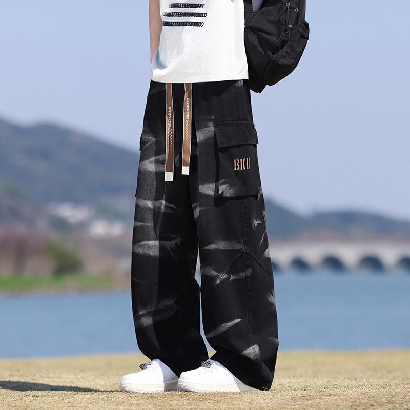 Vår Høst Herre Jeans Streetwear Rett Denim Bukser Hip Hop Snøring Bukser Mann Store Lommer Klær