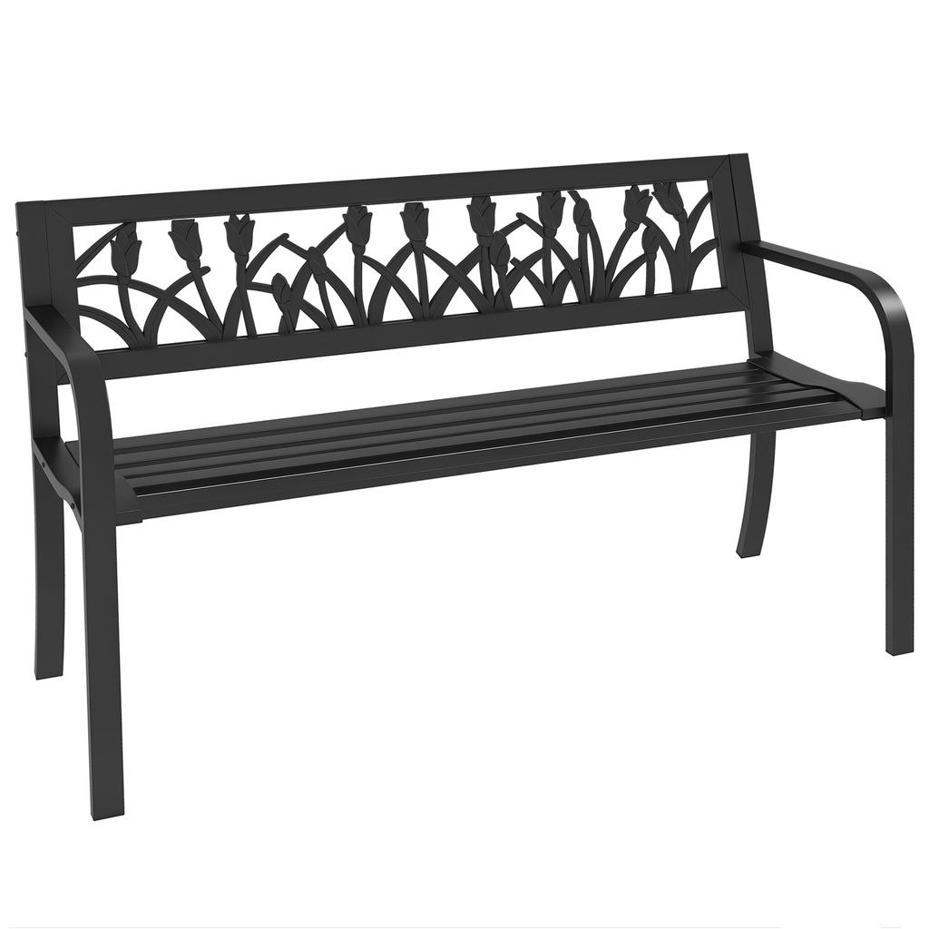 2-Seater Garden Bench in Steel with Decorated Backrest and Armrests, 125x50x75cm, Black