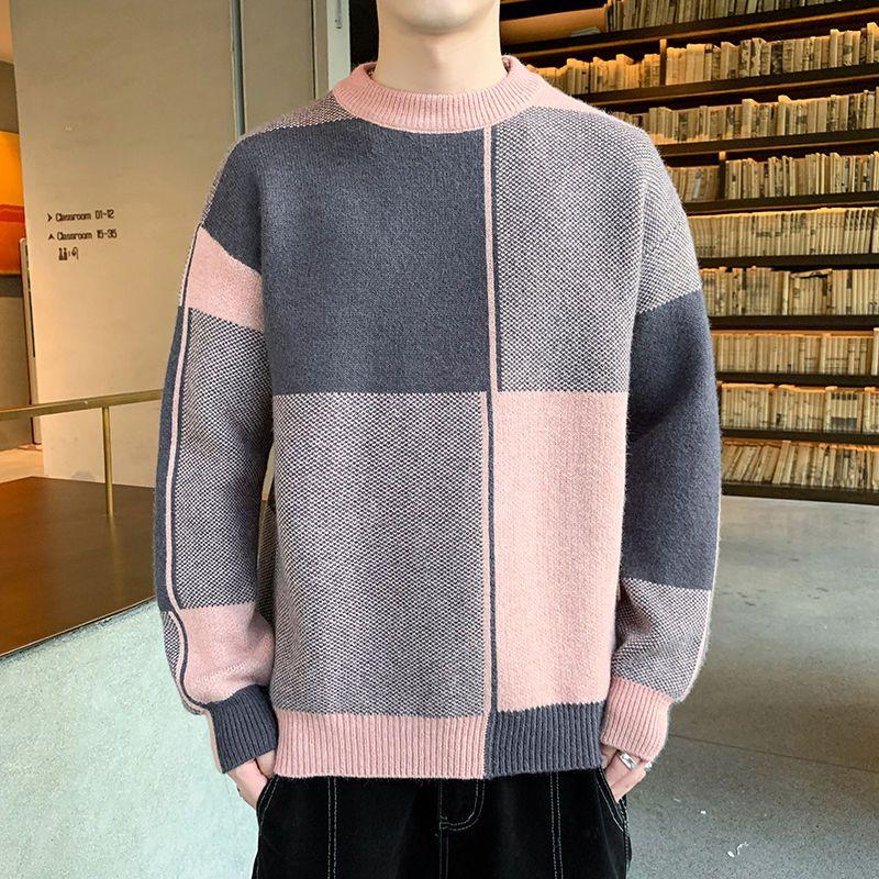 Autumn Winter New Fashion Temperament Patchwork Korean Sweaters Man Casual Loose Y2K Chic Male Tops Knitting Pullover Streetwear