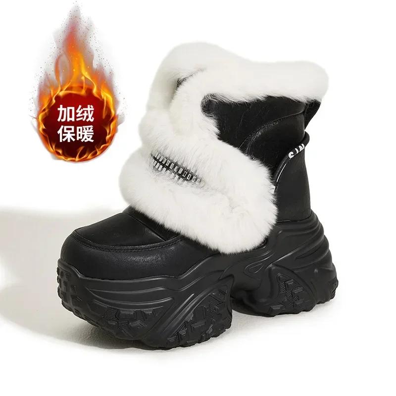 

10cm High Heel Platform Snow Boots for Women Fad Designer Warm Women Ankle Boot Winter Plush Thick Sole Wedge Women Cotton Shoes 34 чорний