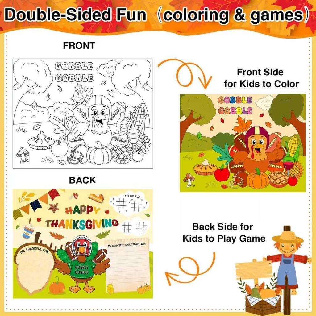 16pcs Thanksgiving Coloring Placemats for Kids 2-Sided Disposable Turkey Placemats to Color Paper Place Mats/Poster for Thankful Activity Happy