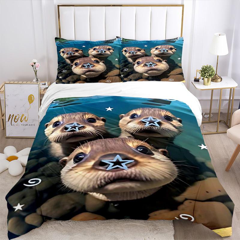 3-teiliges Anime-Otter-Selfie-Bettwäsche-Set - Enthält einen Bettbezug und zwei Kissenbezüge (Kein Kern) - Polyesterstoff, Perfekt für Schlafzimmer und Gäste