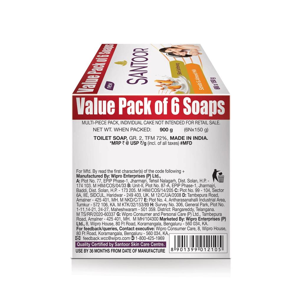Santoor Skin Softening Sandal & Almond Milk Bathing Soap with Nourishing & Anti-Aging Properties| For Smooth & Soft and Younger-Looking Skin| For All