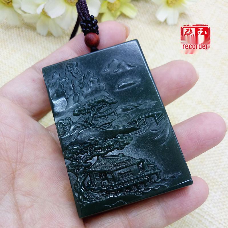 Hetan Green Jade Landscape Pendant - Unisex Scenic Jade Necklace Ornament