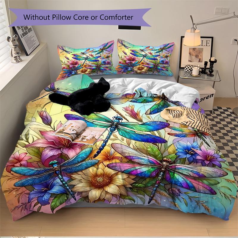 3pcs Colorful Dragonflies Printed Bedding Set, Soft and Comfortable Quilt Cover for Bedroom, Guest Room (1 Duvet Cover + 2 Pillowcases