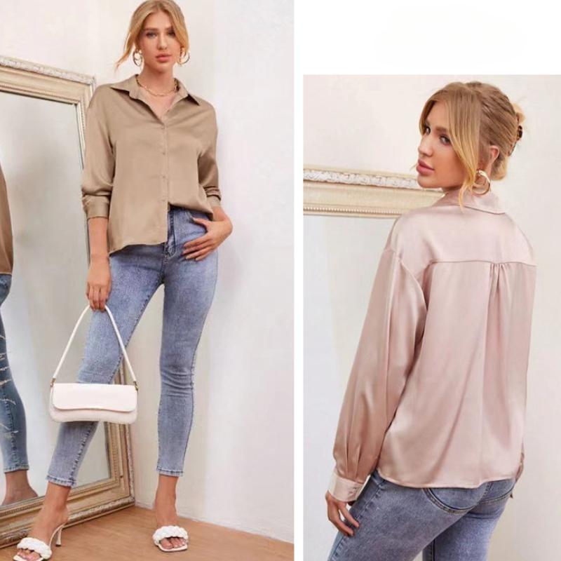 Fashion Long Sleeve Casual Loose Shirts for Women Spring and Summer New Office Ladies Blouses Tops Button Up Lapel Solid Simple Slim Woman Shirt 26257