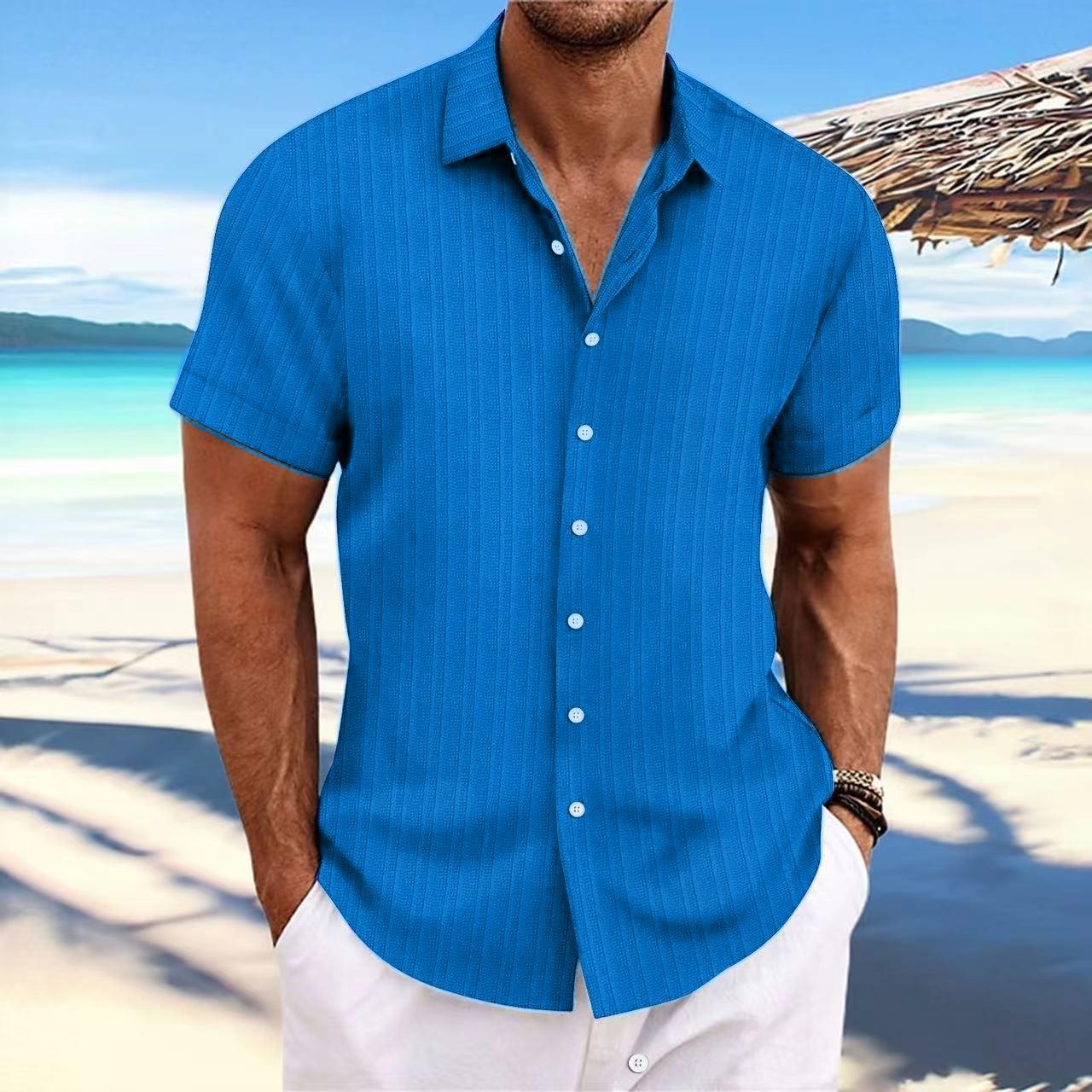 Herren Freizeitgestreiftes Jacquard Baumwolle Leinen Kurzarmhemd 5XL königsblau