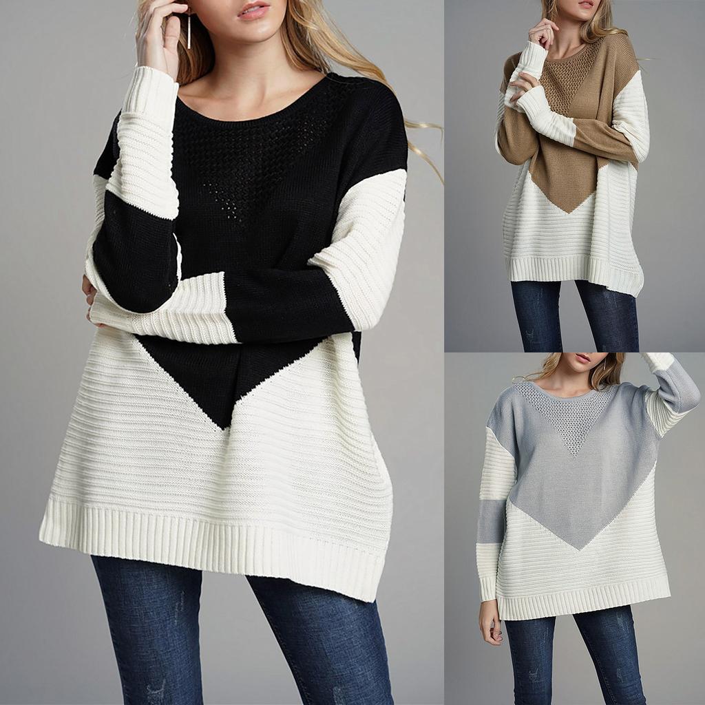 Women's Temperament Loose Round Neck Stitching Knitted Long-sleeved Sweater