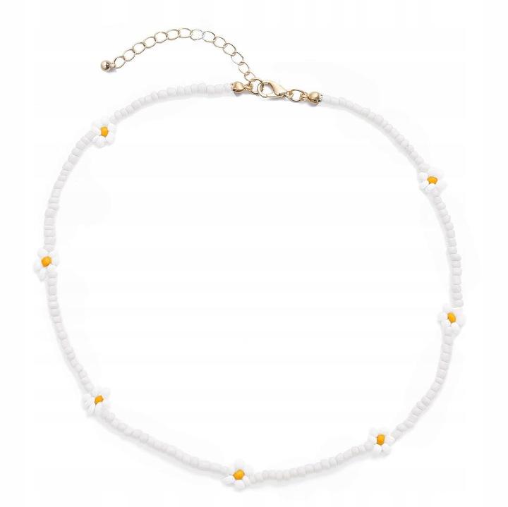 Naszyjnik Choker Biały Kwiatki Kwiatuszki Koraliki Z Koralikami Drobny Boho