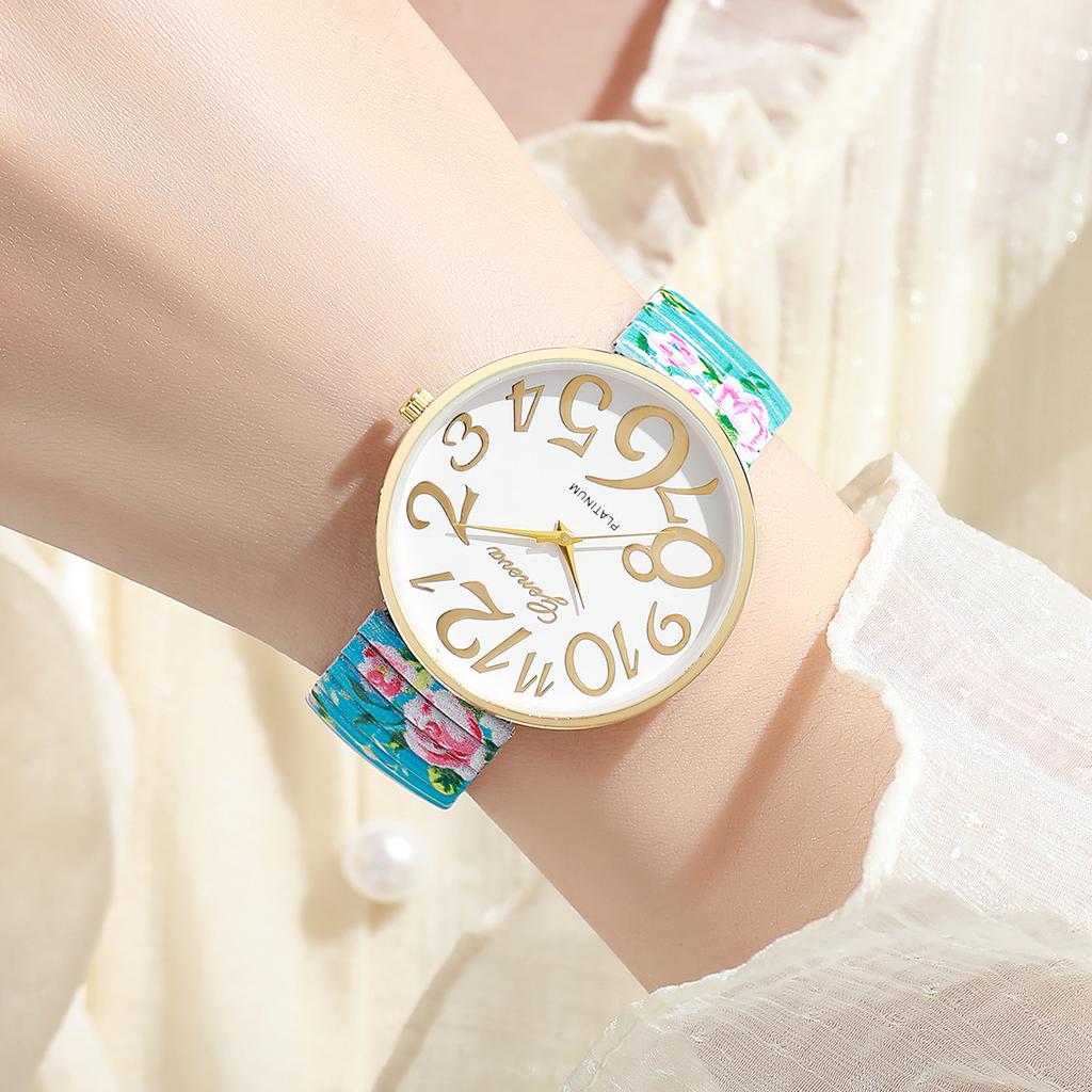 4 Stück/Set Damenmode Personalisierte Bedruckte Elastische Bänder Trendige Lässige Digitale Zifferblatt Quarz Uhr Kombinationsset Ohne Box