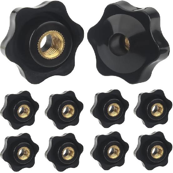 10 Pack 6-Star Knobs 1/4"-20 Female Threaded Hexagon Head Thru Knob Tightening Hand Knobs, Black Nylon Screw-On Type Thru Threaded Knob Nuts