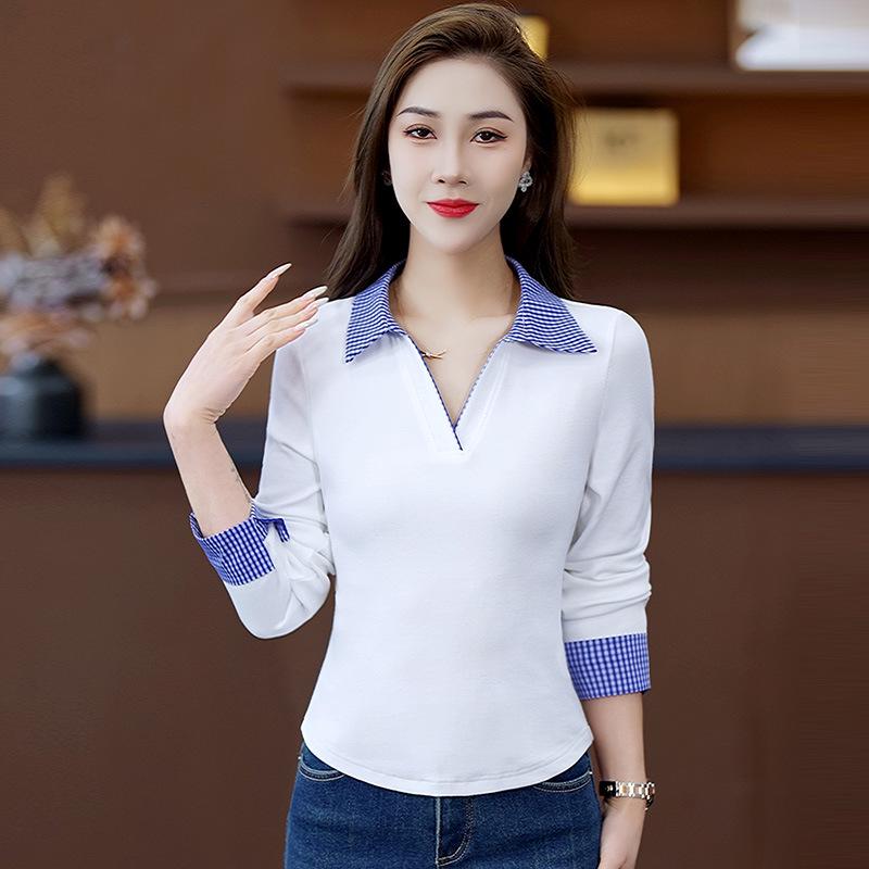 Women's Versatile Two-Piece Look Stitching Polo - Slimming Long Sleeve Top for Spring 2025.