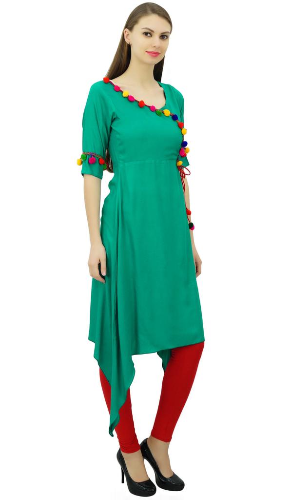 Phagun Angrakha Style Rayon Womens Tunic Kurta Pom-Pom Designer Kurti Top Indian