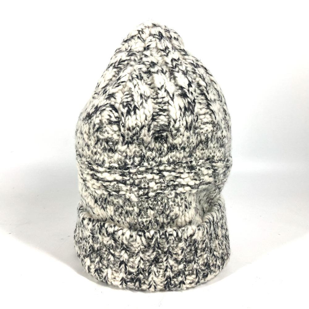 CHANEL Rhinestone beanie knit hat knit cap Knit hat Wool / Cashmere Black/White