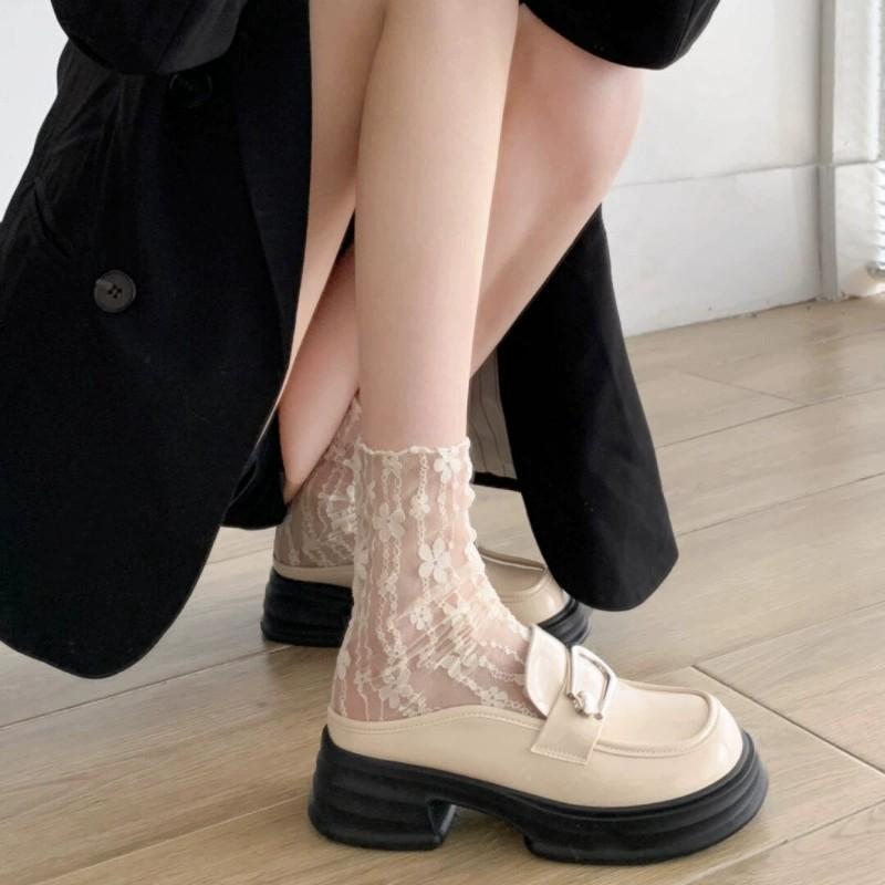 3 Pairs Women Floral Patterned Lace Round Neck Socks Fashionable Paired Summer Sweet Style Comfortable Breathable Casual Socks