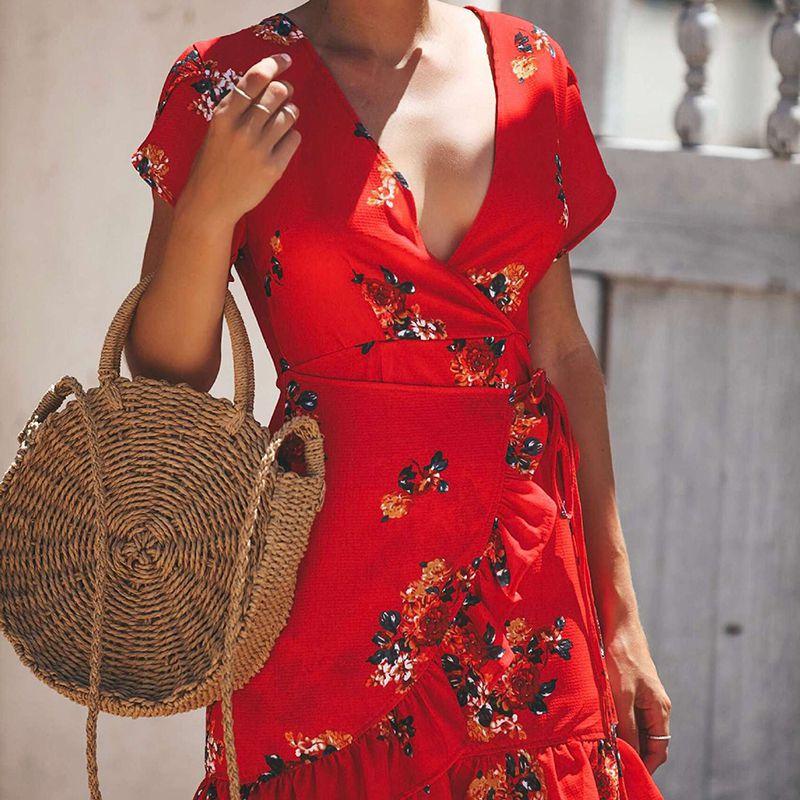Premium Women Short Sleeve Wrap Boho Floral Mini Dress For Effortless Summer Style