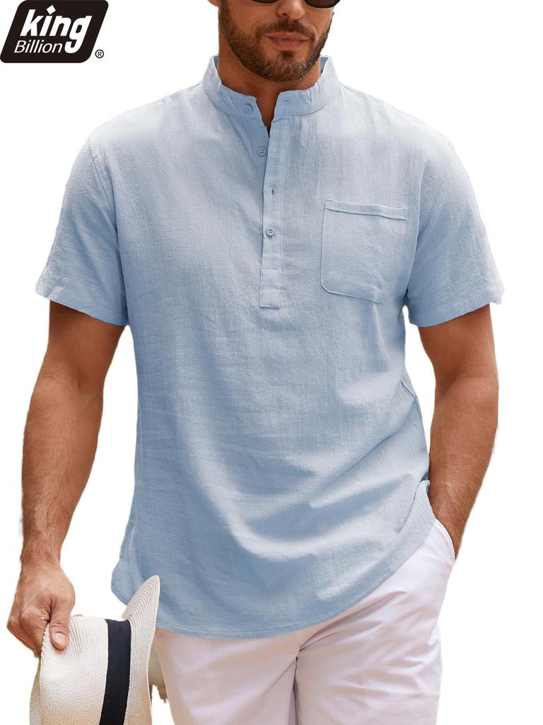 Summer Casual Linen Blend Short Sleeve Shirt for Men - Breathable Mandarin Collar Chest Pocket Lightweight Vacation Tops In Solid Colors