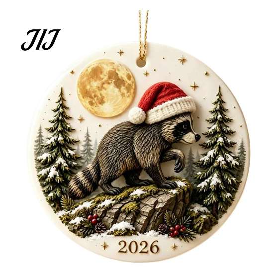 Holiday Home Decor Christmas Raccoon Acrylic Ornament, Cute Animal Hanging for Tree Unique Gift Friends Desk, Festive Decoration, Lovers Aesthetic