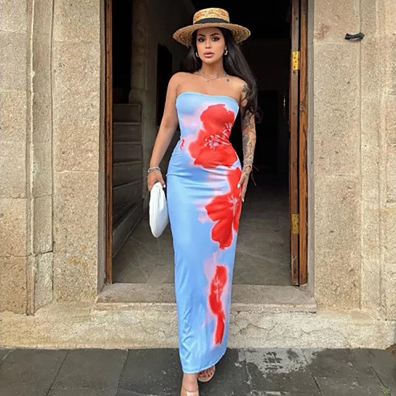 Women'S Sexy Slim-Fit Printed Strapless Slit Bodycon Long Dress