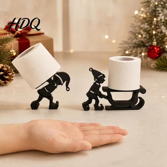 Novelty Paper Roll Storage Christmas Elf Towel Holder 3D Printed Matte Black Tissue Holder Stand Sleigh Silhouette Decorative for Kitchen
