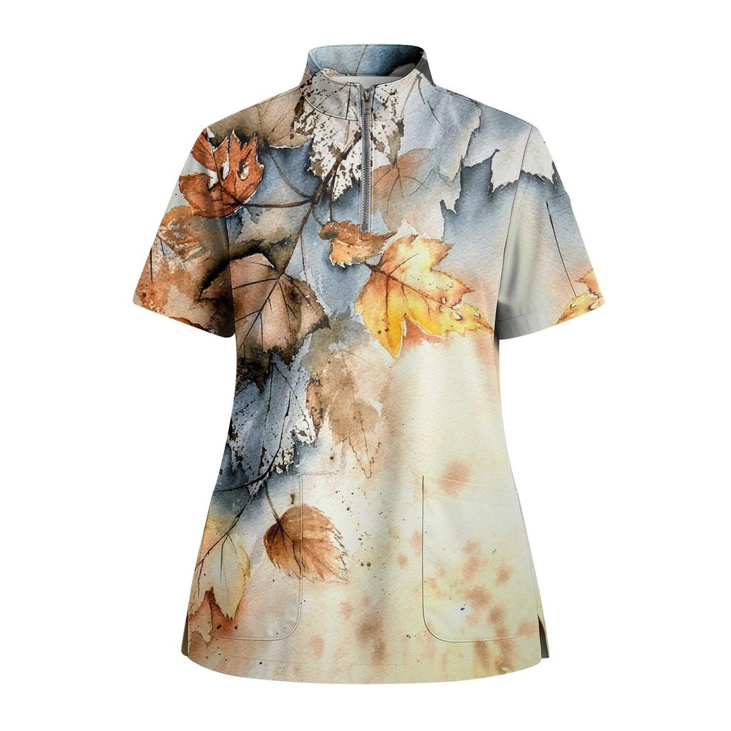 Women's Short Sleeved Printed V-neck Buttonable Side Slit Top T-shirt