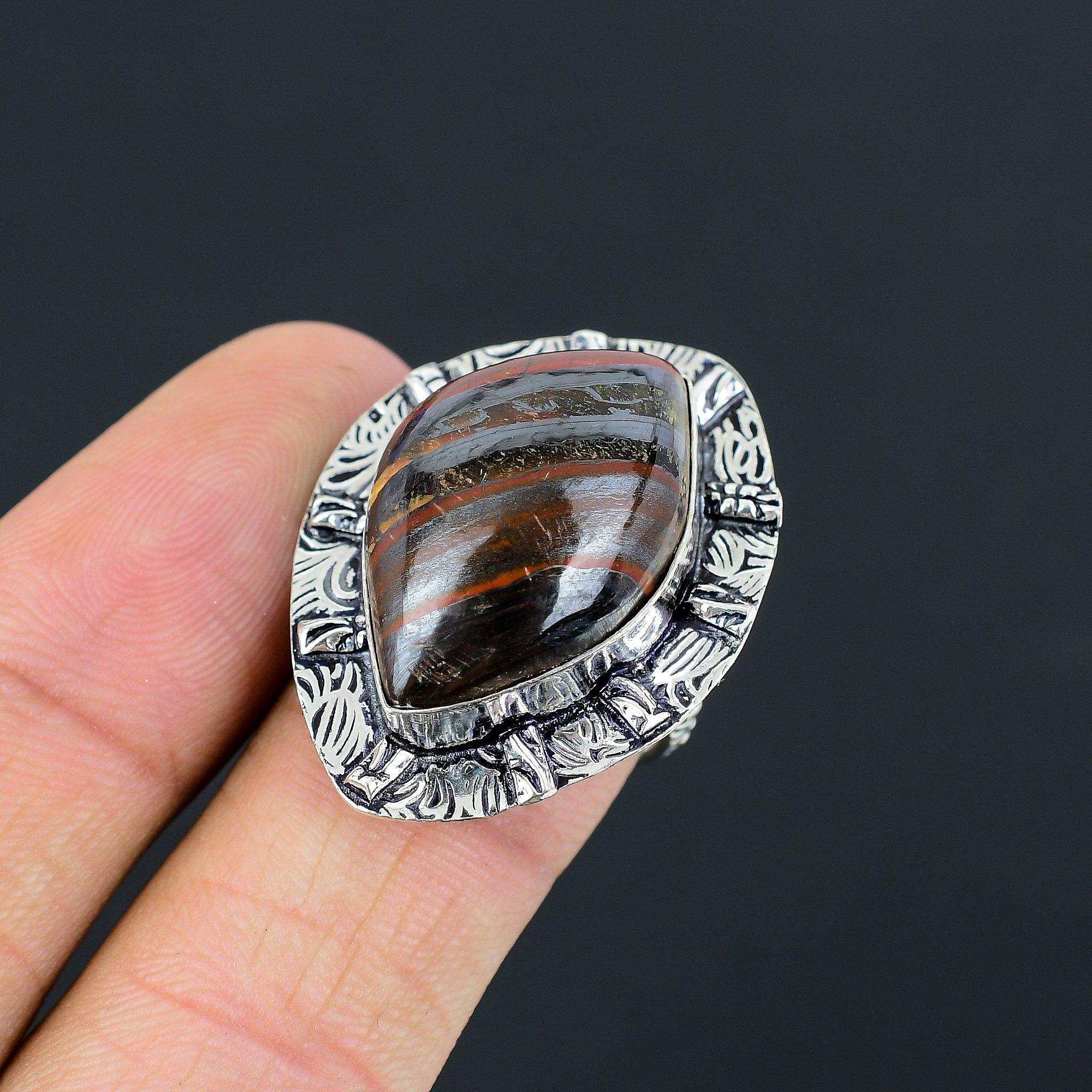 Memorial Day Deal Iron Tiger Eye Gemstone Statement Ring Sterling Silver US 7.5 7.5