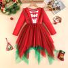 Christmas Girls Long Sleeve Mesh Dress Red Green Gradient Irregular Hem Bow Decoration