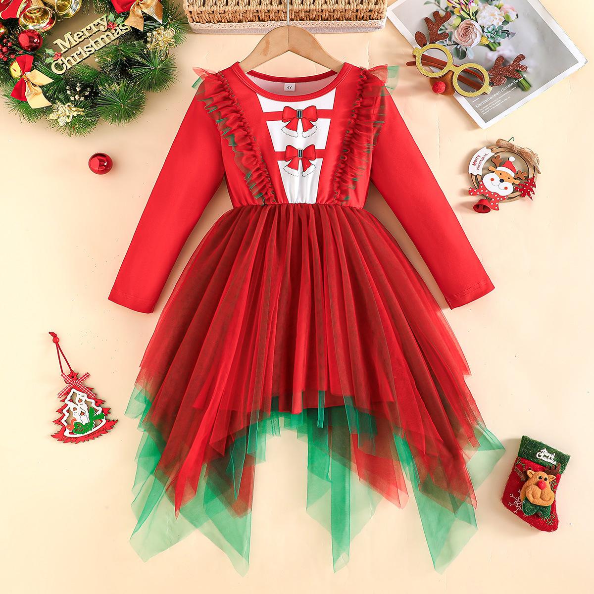 Christmas Girls Long Sleeve Mesh Dress Red Green Gradient Irregular Hem Bow Decoration 2-3Y