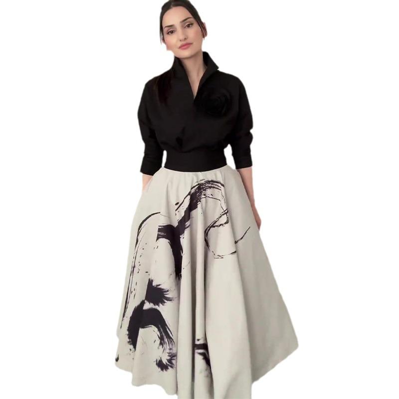 2024 European & American Lace-up Waist-Cinching Short Top & High-Waisted Printed Long Skirt Set