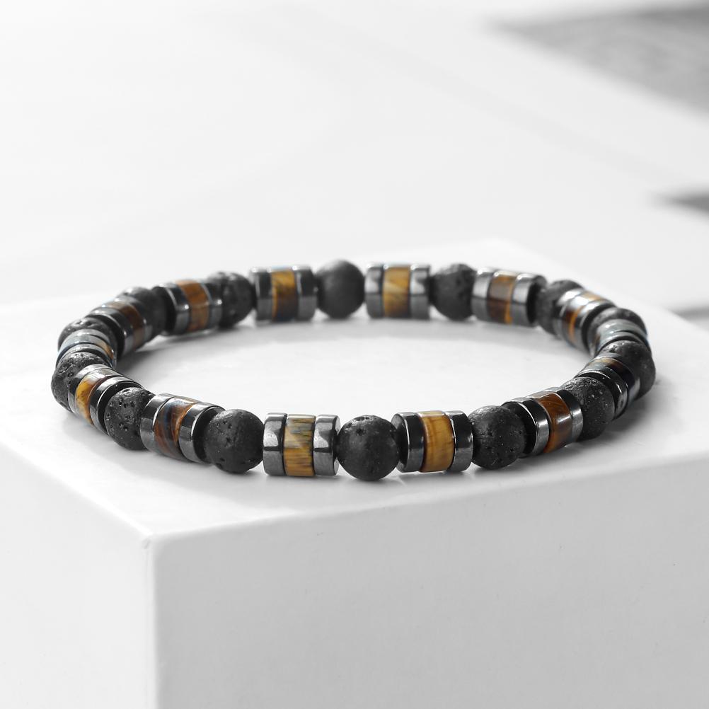 Natural Volcanic Stone Bracelet Handmade Adjustable Size Hematite Tiger Eye Stone Cylindrical Beads Bracelets Men Yoga Bangles