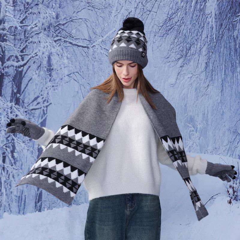 Winter Warm Hat Scarf Three-piece Set Women's Outdoor Velvet Coldproof Cap Knitted Wool Cap