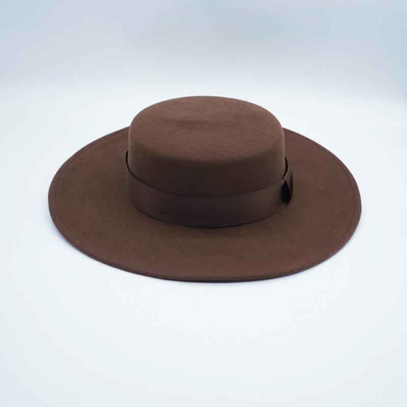 Brauner Großer Krempenbreiter Französischer Retro Woll-Panama Flacher Oberteil Zylinder Hut Damen Herbst und Winter Britischer Filz Straßenhut