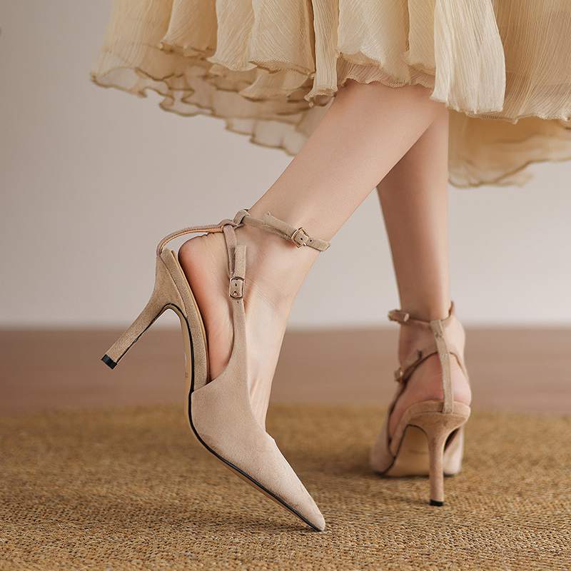 Krazing Pot Sheep Suede Summer Size 42 Leopard Decoration Slingback Thin High Heels Women Women Pointed Toe Pumps