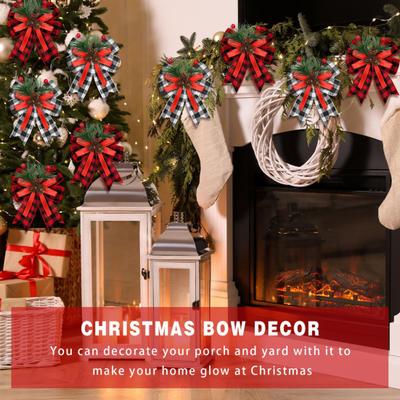 Christmas Bows with Pine Cones Pine Needles Buffalo Plaid Ribbon Bows Christmas Tree Wreath Decoration for Gift Wrapping