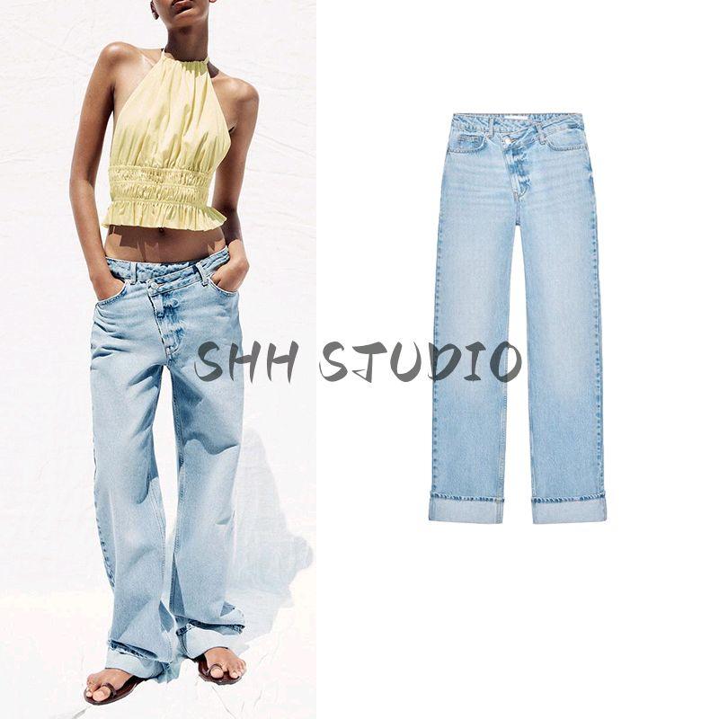 Summer New Women clothes Metal Button Decoration Double Placket Waist High Waist Long Straight Jeans 6147085