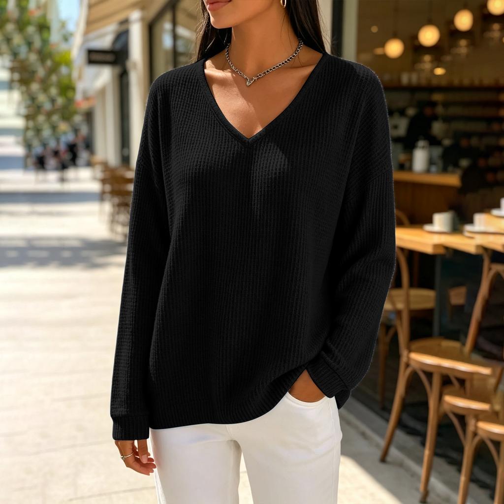 Women's Casual Knit Long Sleeve V-Neck T-Shirt Loose Fit Versatile Color Top