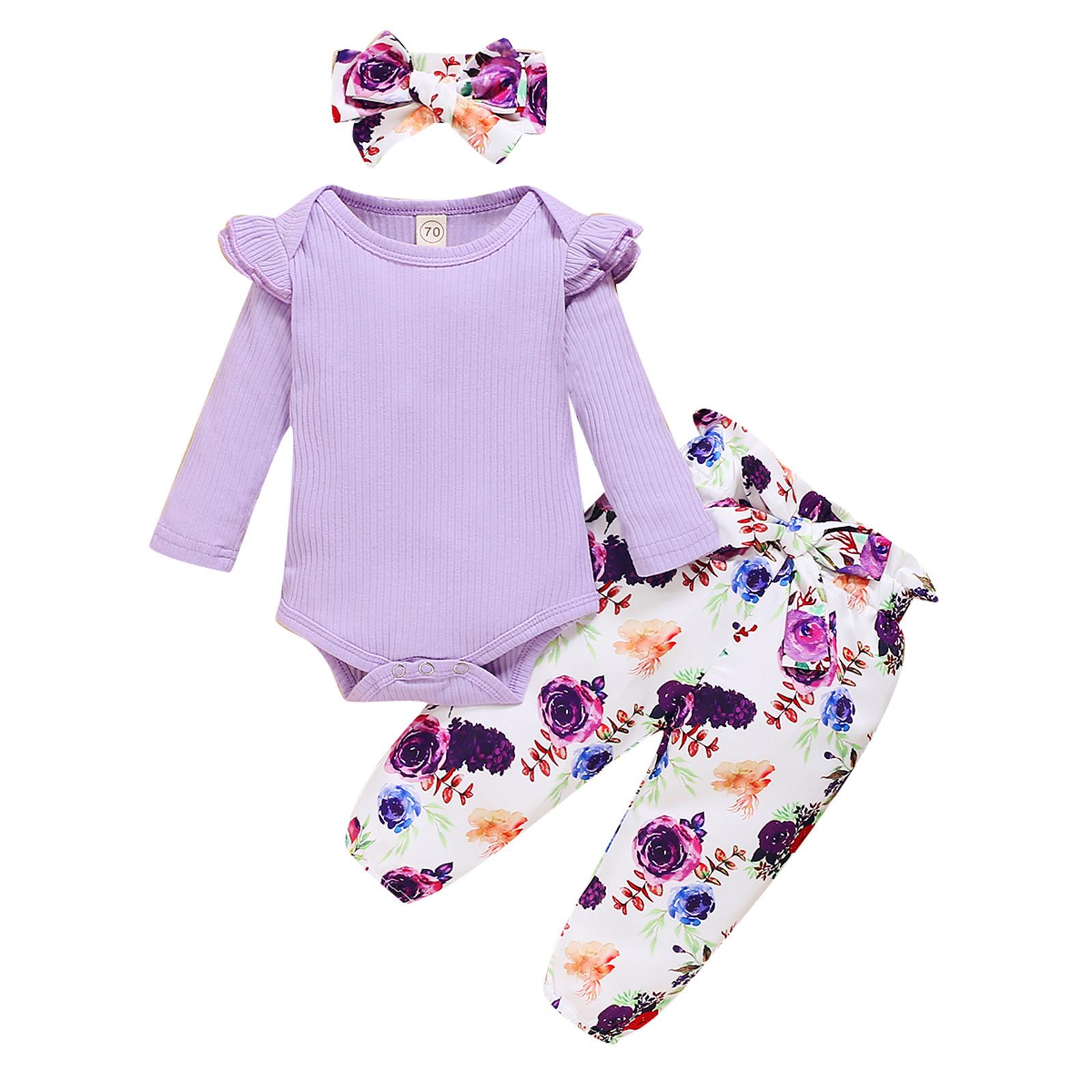 

Infant Baby Girls Ruffle Romper Bodysuit+Floral Print Pants Headbands Outfits фіолетовий