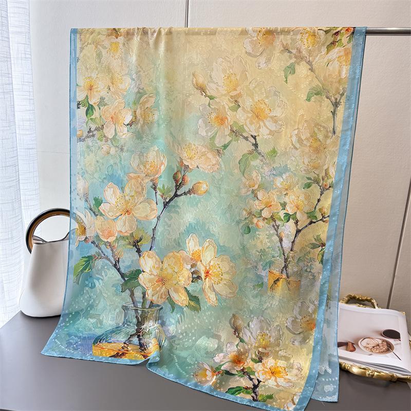 Elegant Printing Flower Cutting Spring and Summer Silk Scarf Large Long Scarf High-end Travel Shawl Sun Protection Women's Scarf Headscarf
