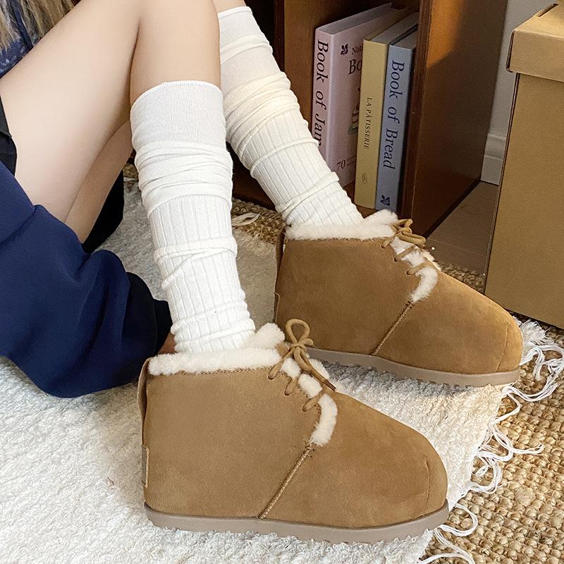 U fat head snow boots women's cow fur integrated bread shoes lace-up thermal short cotton shoes heightened thick-soled high-top shoes