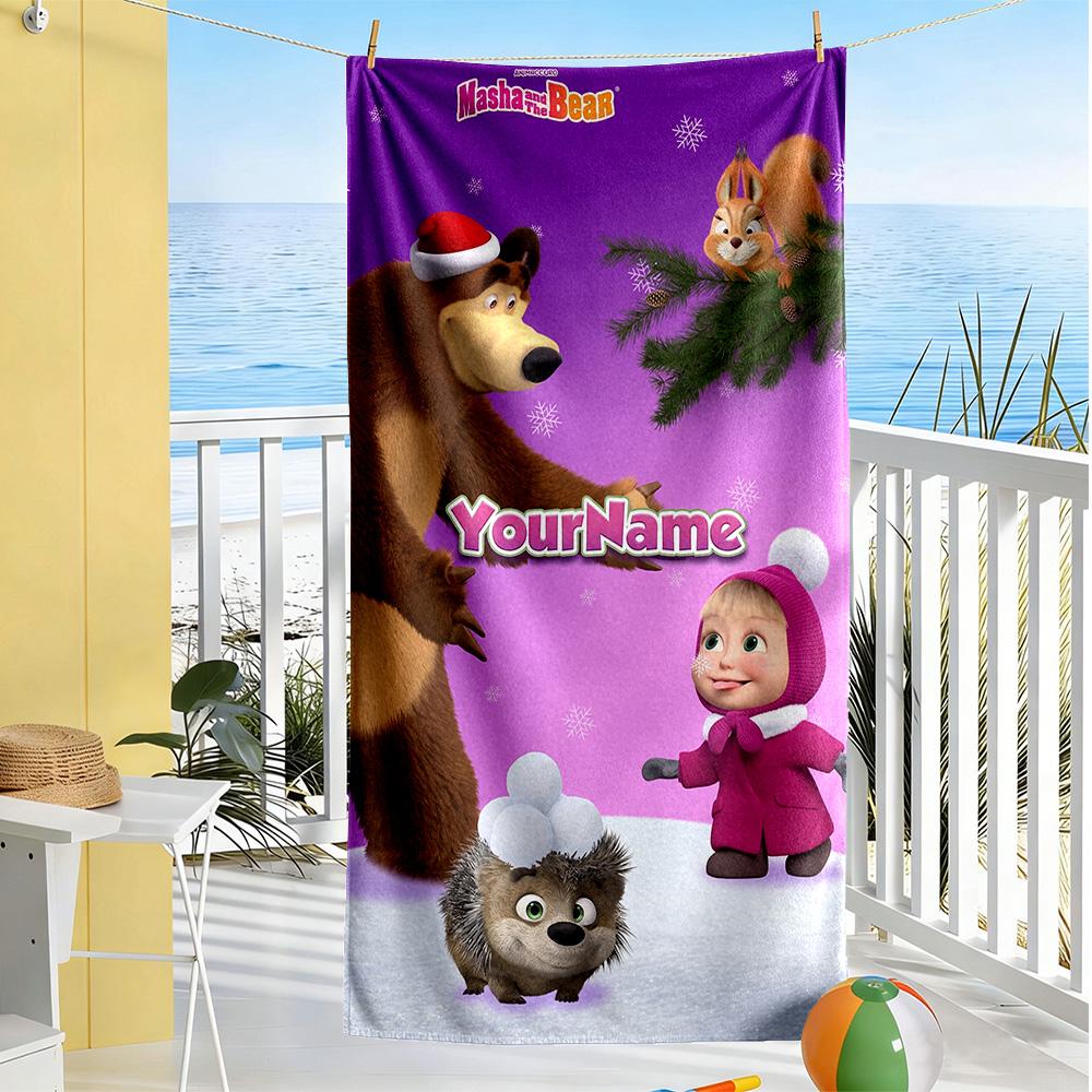 Masha Bear Customize Text Beach Towel Quick-Dry Soft Microfiber Perfect for Traveling Yoga Camping and Swimming