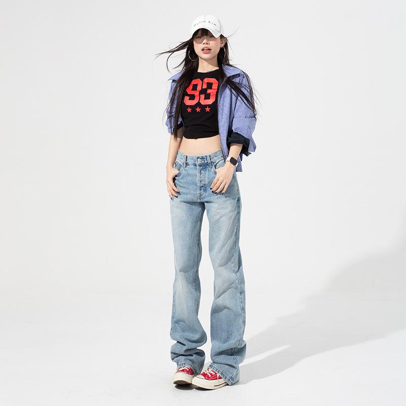 Blue narrow wide-leg jeans women's spring and autumn new straight loose high-waisted and thin casual floor pants