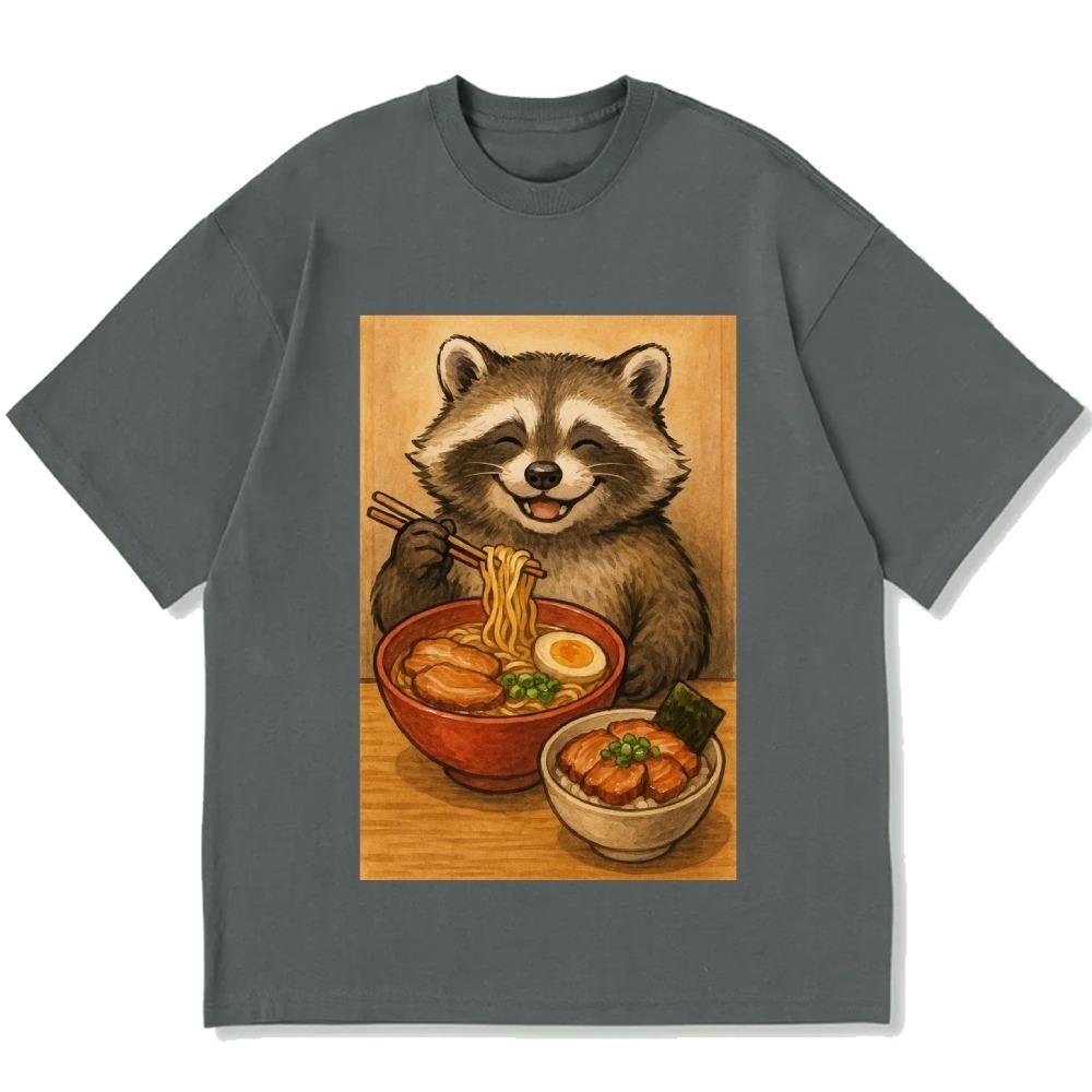 

Casual Loose Summer T-shirts Fashion Cotton Short Sleeve O-neck Tees Unisex Men s Raccoon Eating Ramen Printed Tunics 3XL