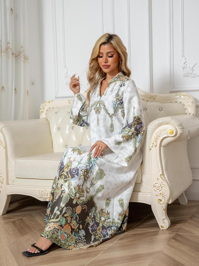 SW1003 Middle Eastern Cross-Border Muslim Women's Beaded Print Long Abaya Dress.