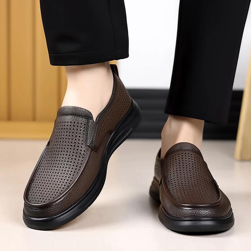 Summer Fashion Men'S Leisure Business Breathable Soft Punching Genuine Leather Shoes Brand New Men'S Comfortable Hollow Sandals