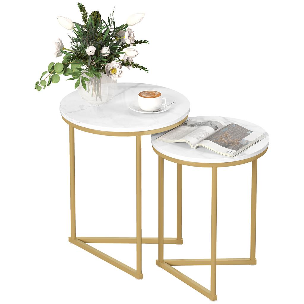 Set of Two Marble-Effect Nest of Tables - White/Gold-Tone