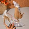 Women Sandals European Lace Mesh Thin Heel Single Shoes Women with One-Liner Straps To Cover The Head Hollow Pointy Women Shoes