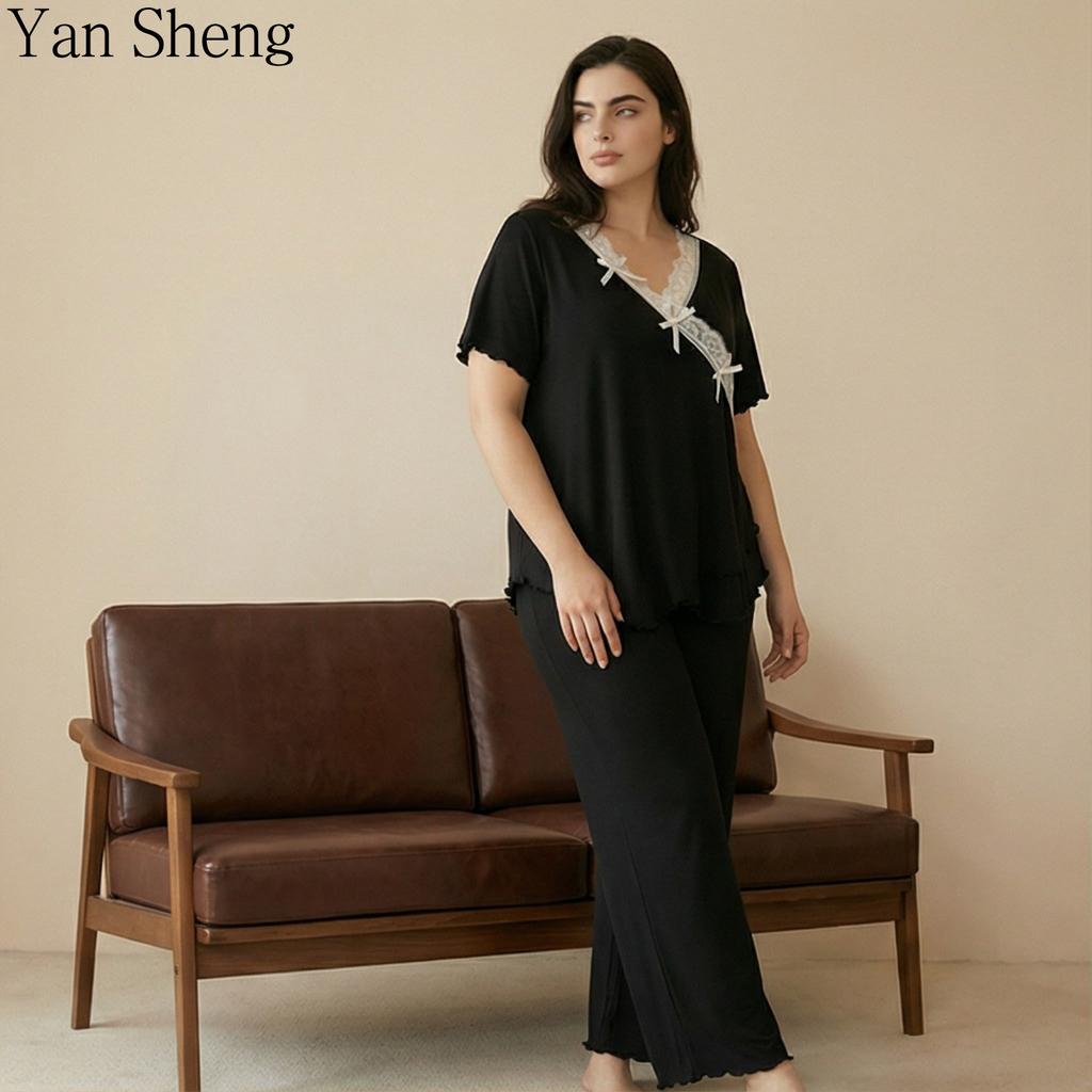 Plus Size Women Pajama Set V‑Neck Lace Bow Short Sleeve Wavy Edge Wide Leg Pants Soft Smooth Sleep Loungewear